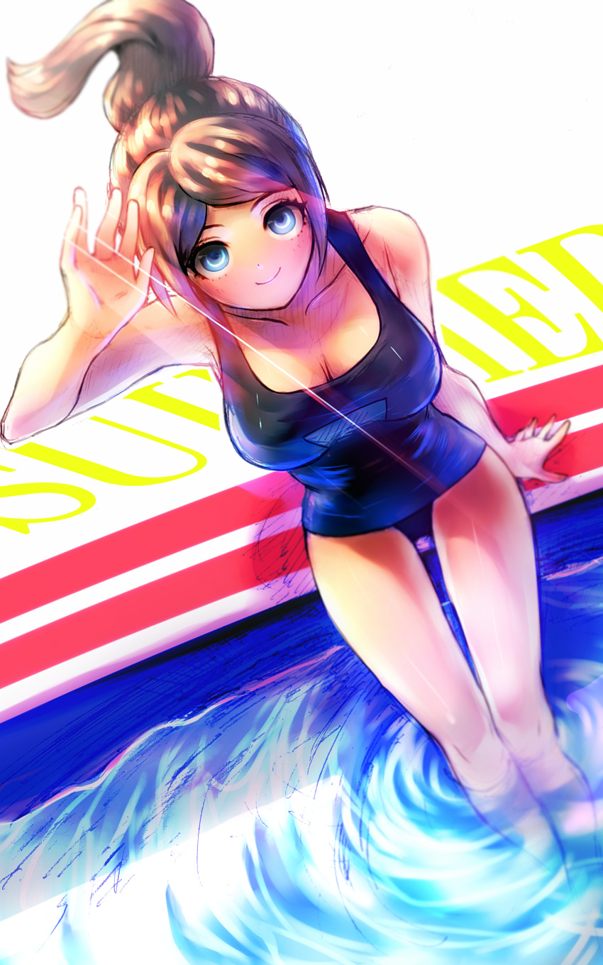 1girl arm_up asahina_aoi bare_shoulders blue_eyes brown_hair danganronpa highres looking_at_viewer pool sitting smile solo suzuki_(szk0727) swimsuit water