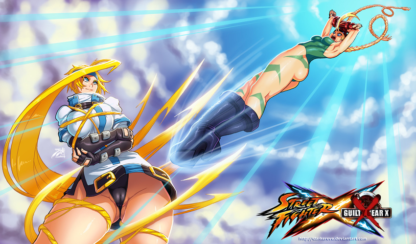 ass black_panties blonde_hair blue_eyes blue_headband bodypaint boots braid breasts cameltoe cammy_white camouflage cloud cloudy_sky crossover darwin_nunez dress elbow_gloves emphasis_lines fingerless_gloves flying_kick gloves green_leotard guilty_gear hair_bondage headband highres kicking knee_boots large_breasts leotard long_hair millia_rage multiple_girls panties prehensile_hair short_dress sky street_fighter thick_thighs thighs thong_leotard trait_connection twin_braids underwear upskirt very_long_hair