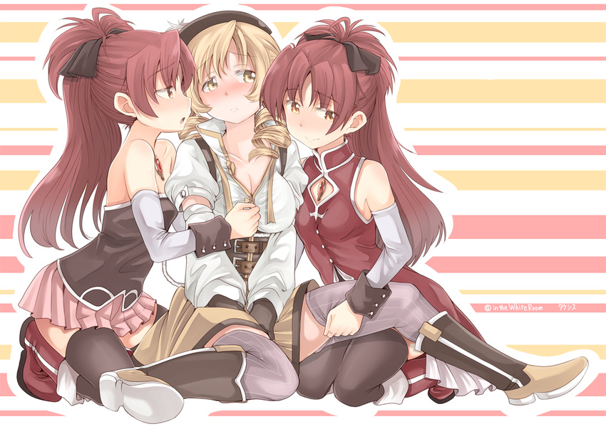 bare_shoulders blonde_hair blush breasts cleavage clone drill_hair girl_sandwich long_hair magical_girl mahou_shoujo_madoka_magica medium_breasts multiple_girls ponytail red_hair rosso_fantasma sakura_kyouko sandwiched small_breasts striped striped_background takeshisu thighhighs tomoe_mami twin_drills twintails undressing yuri