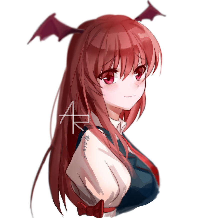 1girl bangs black_vest blush bow breasts commentary_request cropped_torso demon_wings eyebrows_visible_through_hair hair_between_eyes head_wings highres koakuma long_hair looking_at_viewer mao_wei_du_jiao_shou medium_breasts necktie puffy_short_sleeves puffy_sleeves red_bow red_eyes red_hair red_neckwear shirt short_sleeves simple_background smile solo touhou upper_body vest white_background white_shirt wing_collar wings