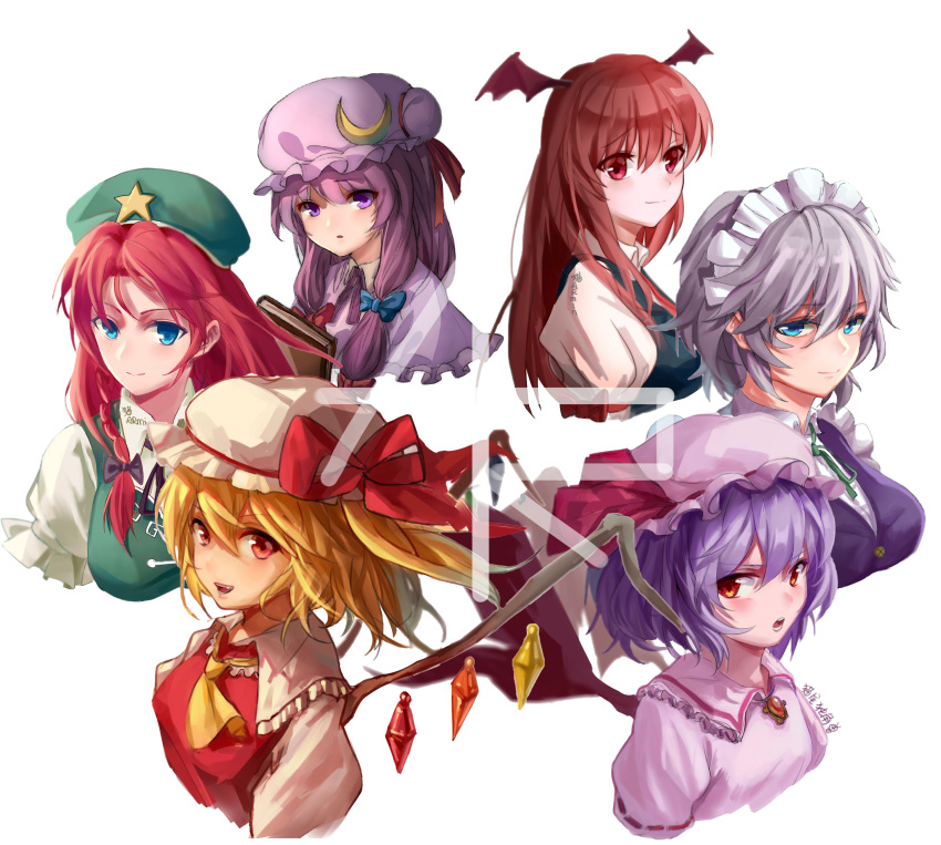 6+girls :d absurdres ascot bangs bat_wings beret black_bow black_neckwear black_ribbon black_vest blonde_hair blue_bow blue_dress blue_eyes blush book bow braid breasts brooch commentary crescent crescent_hair_ornament cropped_torso crystal demon_wings dress eyebrows_visible_through_hair fang flandre_scarlet frilled_shirt_collar frills green_hat green_neckwear green_ribbon green_vest hair_between_eyes hair_bow hair_ornament hat hat_ribbon head_wings highres hong_meiling izayoi_sakuya jewelry koakuma large_breasts lavender_hair long_hair looking_at_viewer maid maid_headdress mao_wei_du_jiao_shou medium_breasts mob_cap multiple_girls neck_ribbon necktie one_side_up open_mouth parted_lips patchouli_knowledge pink_dress pink_hat puffy_short_sleeves puffy_sleeves purple_capelet purple_eyes purple_hair purple_hat purple_neckwear purple_ribbon red_bow red_eyes red_hair red_neckwear red_ribbon red_vest remilia_scarlet ribbon shirt short_hair short_sleeves sidelocks silver_hair simple_background small_breasts smile star touhou twin_braids upper_body v-shaped_eyebrows vest white_background white_hat white_shirt wing_collar wings yellow_neckwear