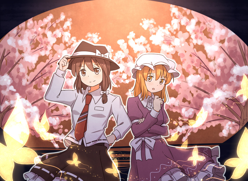 adjusting_clothes adjusting_hat blonde_hair bow brown_eyes brown_hair bug butterfly cherry_blossoms dress ghostly_field_club hair_bow hand_on_hip hat insect long_hair maribel_hearn multiple_girls necktie open_mouth ribbon shirt short_hair skirt smile touhou unagi_sango usami_renko yellow_eyes