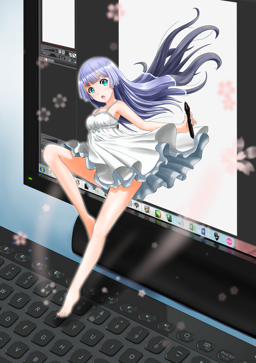 :o aqua_eyes bare_shoulders barefoot computer dress highres keyboard_(computer) legs long_hair minigirl monitor open_mouth original parsue petals purple_eyes solo stylus sundress through_screen