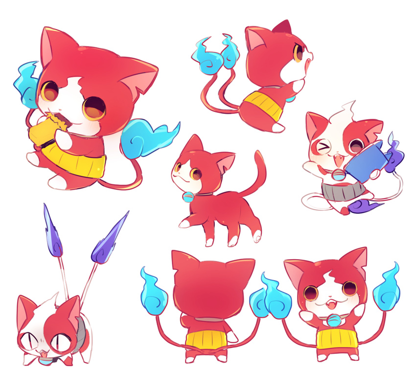 akamaru_(youkai_watch) blue_fire buchinyan candy_bar cat eating fangs fire from_behind haramaki jibanyan makoto_(konbumi) multiple_tails no_humans notched_ear one_eye_closed open_mouth simple_background slit_pupils tablet_pc tail tail-tip_fire two_tails white_background youkai youkai_pad youkai_watch youkai_watch_2
