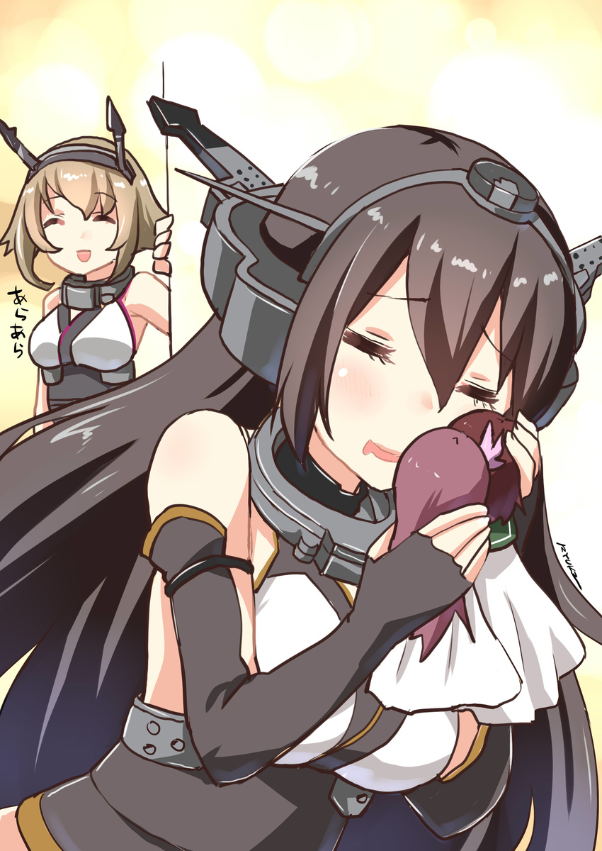 ^_^ absurdres bare_shoulders black_hair breasts brown_hair closed_eyes commentary drooling elbow_gloves fingerless_gloves gloves gradient_hair hair_ornament hand_on_wall headband headgear highres kantai_collection kisaragi_(kantai_collection) large_breasts long_hair multicolored_hair multiple_girls mutsu_(kantai_collection) mutsuki_(kantai_collection) nagato_(kantai_collection) open_mouth red_hair ryuki_(ryukisukune) short_hair smile teruterubouzu translated