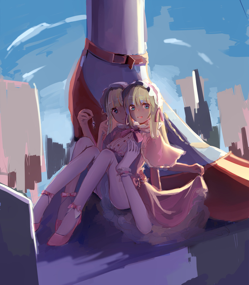 conjoined destruction giantess high_heels highres multiple_legs pantyhose shoes what white_legwear