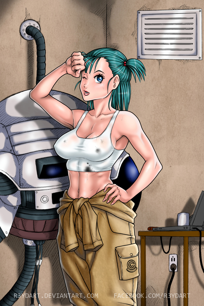 blue_eyes breasts bulma capsule_corp cleavage clothes_around_waist covered_nipples cowboy_shot dragon_ball dragon_ball_(classic) dragon_ball_z green_hair hand_on_hip highres large_breasts lips midriff navel one_side_up overalls reydart solo sweat tank_top taut_clothes toned