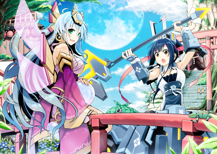 :d arch armor arms_up bamboo_shoot bird blue_hair blue_sky brooch building cloud cosmic_break crystal_ball day flower green_eyes hair_ornament headband headpiece highres house japanese_clothes jewelry lampion looking_at_viewer looking_back mecha mochizuki_koyomi moon multiple_girls open_mouth outdoors planet polearm railing sitting sky smile spear stairs standing torii tree tsukishiro_kanna weapon