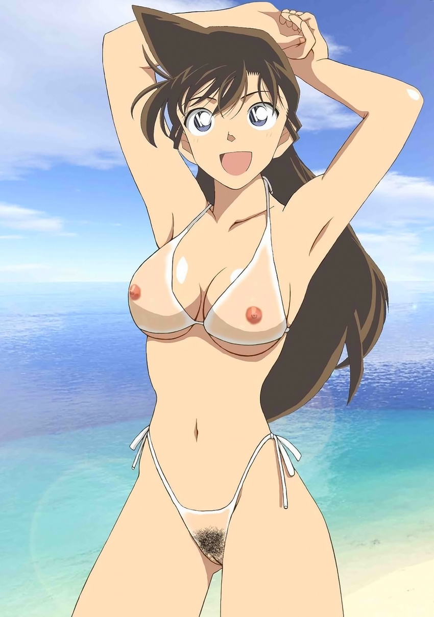 1girl armpits bangs beach bikini blue_eyes breasts brown_hair cloud female happy highres large_breasts lens_flare long_hair meitantei_conan mouri_ran nipples ocean open_mouth outdoors photoshop pussy see-through side-tie_bikini sky small_areolae small_nipples smile solo standing swimsuit transparent transparent_clothing uncensored underboob water