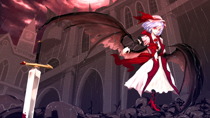 adapted_costume amatou3 armband armor ascot bangs bat_wings black_legwear blood bloody_weapon blue_hair bow brooch building clock clock_tower cloud cloudy_sky colored_eyelashes corpse dark detached_sleeves dress fingernails frilled_sleeves frills grin hat hat_bow high_heels highres jewelry koumajou_densetsu lavender_hair lightning long_dress long_fingernails looking_at_viewer mansion mob_cap nail_polish night night_sky outdoors pantyhose planted_sword planted_weapon rain red_eyes red_footwear red_nails remilia_scarlet scarlet_devil_mansion sharp_fingernails shoe_ribbon shoes short_hair short_sleeves sky slit_pupils smile solo spread_wings standing strappy_heels swept_bangs sword teeth torn_wings touhou tower weapon white_dress wind wings