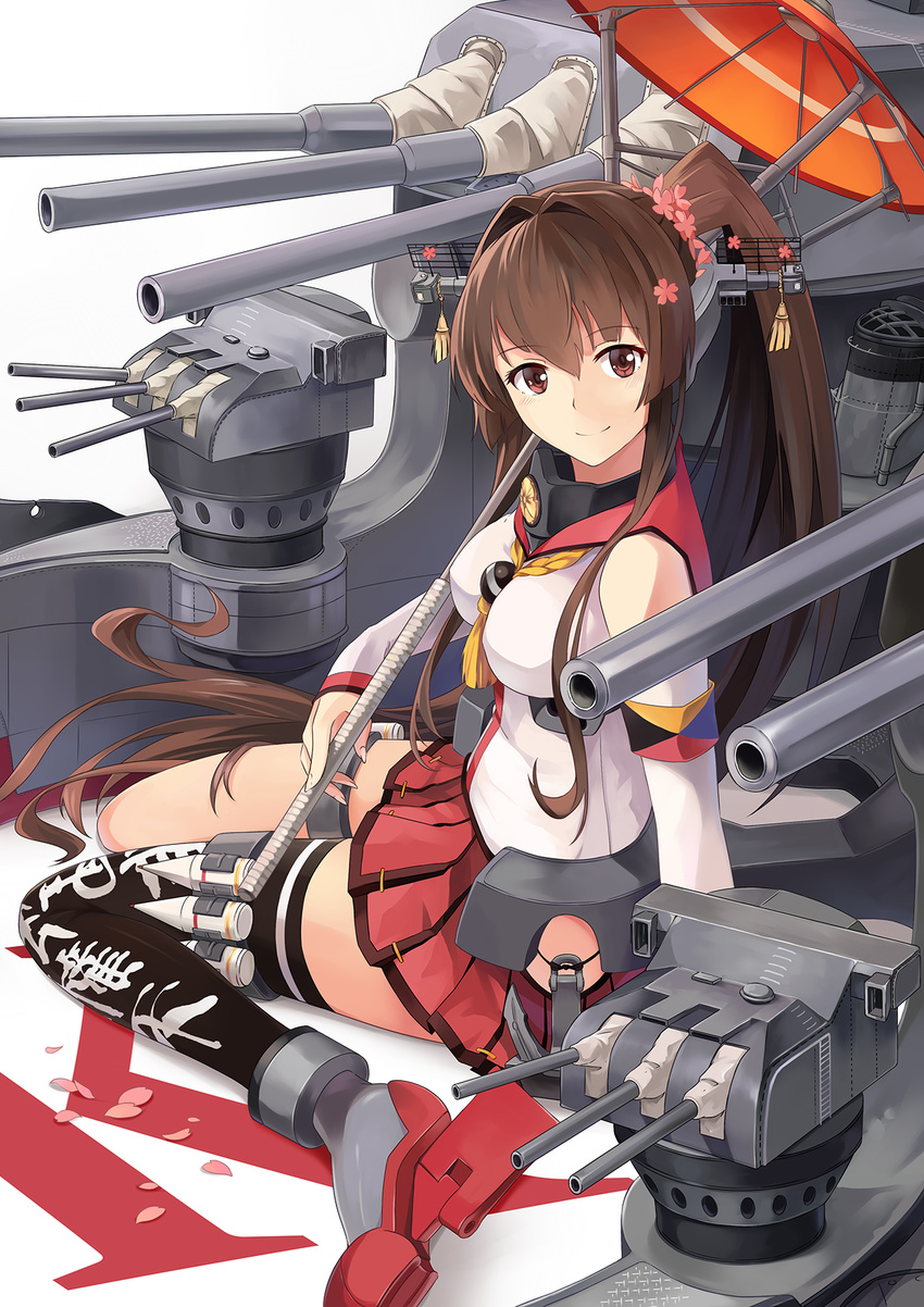 breasts brown_eyes brown_hair cannon cherry_blossoms detached_sleeves flower hair_flower hair_ornament headgear highres kantai_collection long_hair medium_breasts neko_(yanshoujie) oriental_umbrella ponytail single_thighhigh sitting skirt smile solo thighhighs umbrella very_long_hair wariza yamato_(kantai_collection)