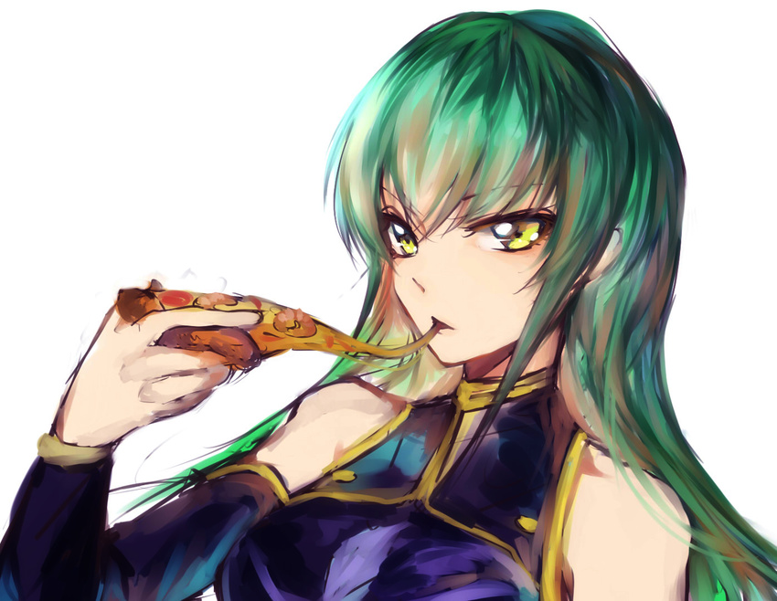 bare_shoulders c.c. cheese_trail code_geass eating food green_hair holding_pizza long_hair mi_bait pizza simple_background sketch slice_of_pizza solo upper_body white_background yellow_eyes