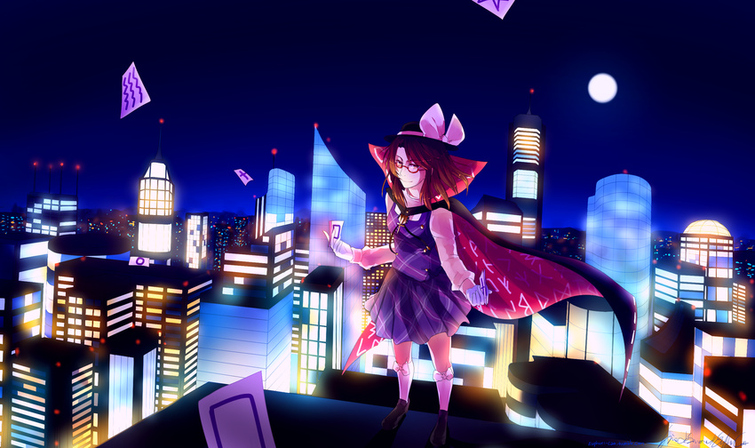 1girl bow bows brown_eyes brown_hair cape city euphori_cat glasses gloves hat night school_uniform skyscrapers smile solo spell_card spellcard team_shanghai_alice touhou touhou_project ulil urban_legend_in_limbo usami_sumireko wallpaper