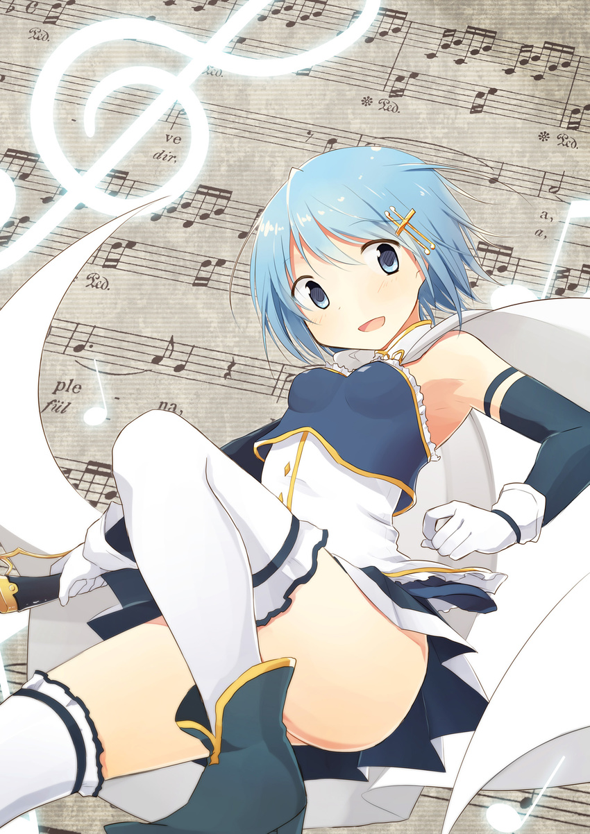 :d armband bad_id bad_pixiv_id beamed_sixteenth_notes blue_eyes blue_hair cape eighth_note gloves hair_ornament hairclip highres kyabechi mahou_shoujo_madoka_magica mahou_shoujo_madoka_magica_movie miki_sayaka musical_note open_mouth quarter_note short_hair smile solo staff_(music) sword thighhighs treble_clef weapon
