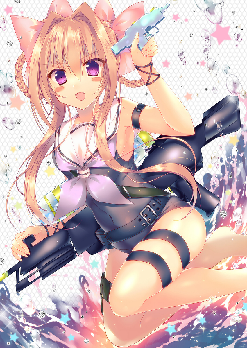 :d arm_strap bangs blush_stickers bow braid covered_navel fang gem gun hair_bow hair_intakes highres jumping long_hair looking_at_viewer monaka_natsume neckerchief nontraditional_school_swimsuit open_mouth original pink_bow purple_eyes ribbon sailor_collar school_swimsuit sidelocks smile solo sparkle star swimsuit thigh_strap twin_braids water water_drop water_gun weapon wrist_ribbon