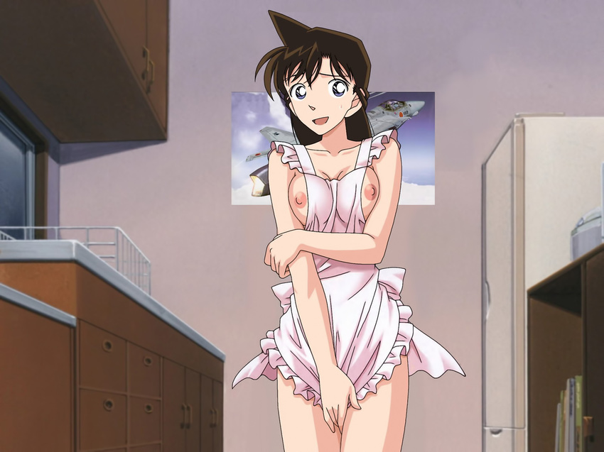 1girl apron blue_eyes breast_press breasts brown_hair highres huge_filesize long_hair meitantei_conan mouri_ran nipples solo