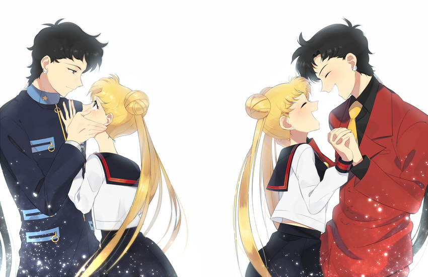 androgynous bishoujo_senshi_sailor_moon black_hair blonde_hair blue_sailor_collar formal gakuran half-closed_eyes hand_on_another's_face happy interlocked_fingers juuban_high_school_uniform laughing long_hair looking_at_another low_ponytail multiple_girls necktie petagon ponytail profile reverse_trap sailor_collar school_uniform seiya_kou serafuku suit tears tsukino_usagi twintails very_long_hair white_background wiping_tears