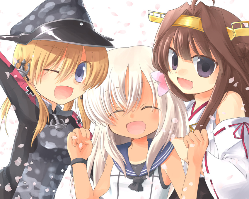 blonde_hair brown_hair camouflage closed_eyes crop_top detached_sleeves double_bun flower hair_flower hair_ornament hairband hat kantai_collection kongou_(kantai_collection) long_hair military military_uniform multiple_girls nontraditional_miko one_eye_closed peaked_cap prinz_eugen_(kantai_collection) purple_eyes remodel_(kantai_collection) ro-500_(kantai_collection) ryuuga_nanamaru sailor_collar twintails uniform