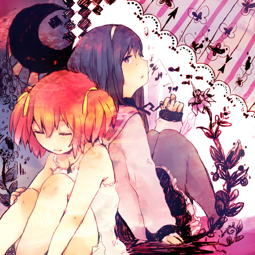akemi_homura arm_support attomaaku back-to-back bad_id bad_pixiv_id black_legwear choker closed_eyes crescent crystal dress fish flower hairband hand_on_lap highres jewelry kaname_madoka leaning_on_person long_hair looking_at_viewer magical_girl mahou_shoujo_madoka_magica multiple_girls necklace pantyhose purple_eyes purple_hair red_hair short_twintails skirt sundress twintails