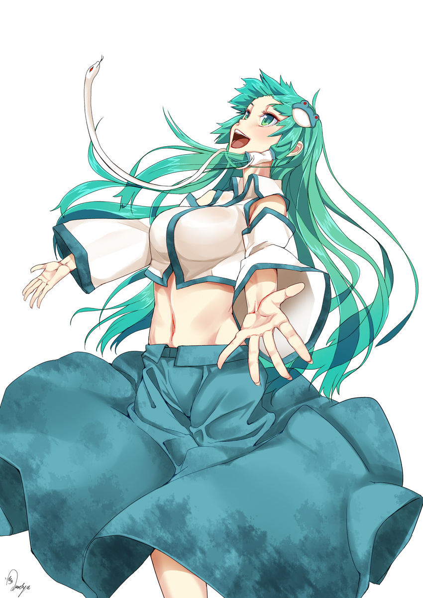 absurdres baicha crop_top detached_sleeves frog_hair_ornament green_eyes green_hair hair_ornament hair_tubes highres japanese_clothes kochiya_sanae long_hair long_sleeves looking_up midriff miko navel open_mouth outstretched_arms signature simple_background skirt smile snake_hair_ornament solo touhou upskirt white_background wide_sleeves