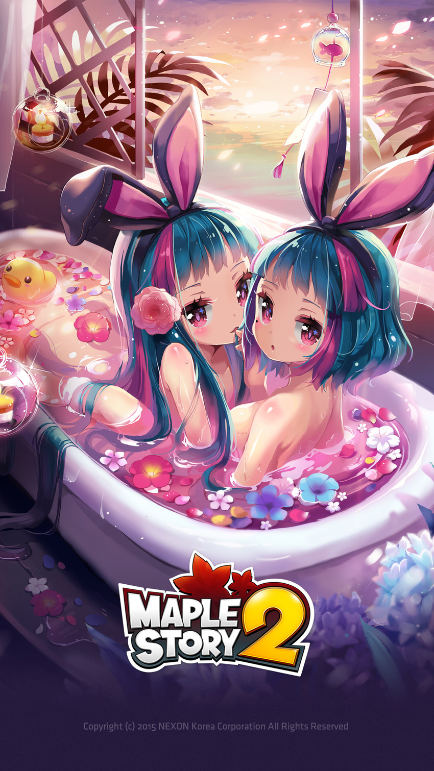 animal_ears bathtub bird breasts bunny_ears duck duckling flower hair_flower hair_ornament highres large_breasts long_hair looking_at_viewer looking_back maplestory maplestory_2 mint_(maplestory2) mole multiple_girls nude open_mouth petals playing_with_another's_hair vanilla_(maplestory2) wet windy4th yuri