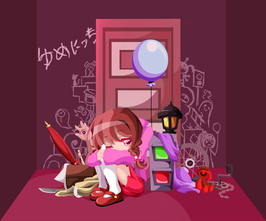 balloon box braid broken broken_chain brown_hair cardboard_box cat chain chalk copyright_name disembodied_head door gaida hat highres holding instrument kneehighs knife kyukkyu-kun lamp madotsuki mafurako mary_janes medamaude monoko one_eye_closed pink_eyes pink_shirt recorder scarf shirt shoes sitting skirt toriningen traffic_light triangular_headpiece twin_braids umbrella yume_nikki