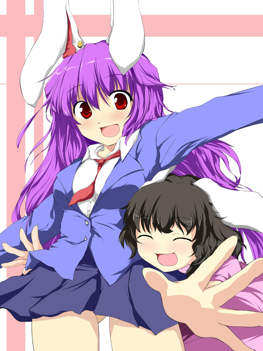 absurdres animal_ears bad_id bad_pixiv_id beegle black_hair bunny_ears foreshortening hands highres inaba_tewi multiple_girls necktie purple_hair red_eyes red_neckwear reisen_udongein_inaba touhou