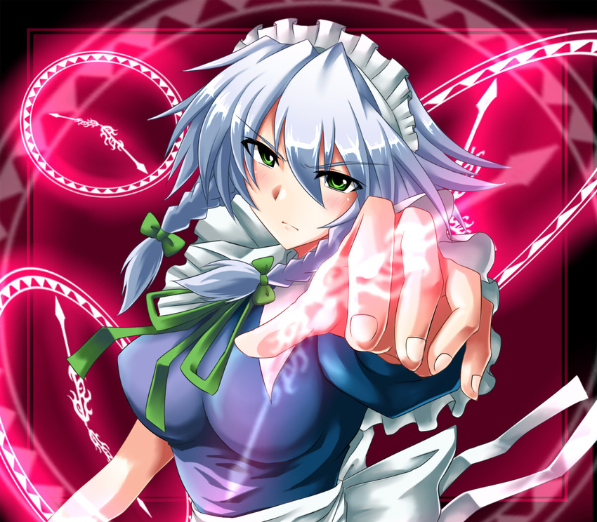 blush braid breasts green_eyes hairband hands izayoi_sakuya large_breasts maid maid_headdress neck_ribbon outstretched_arm reaching ribbon serious shangorilla short_hair silver_hair solo touhou twin_braids