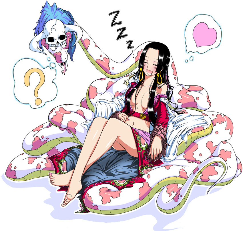 ? barefoot black_hair blush boa_hancock cape closed_eyes crossed_legs dreaming drooling earrings feet heart jewelry long_hair luceva midriff off_shoulder one_piece open_mouth saliva salome_(one_piece) sitting skull sleeping snake