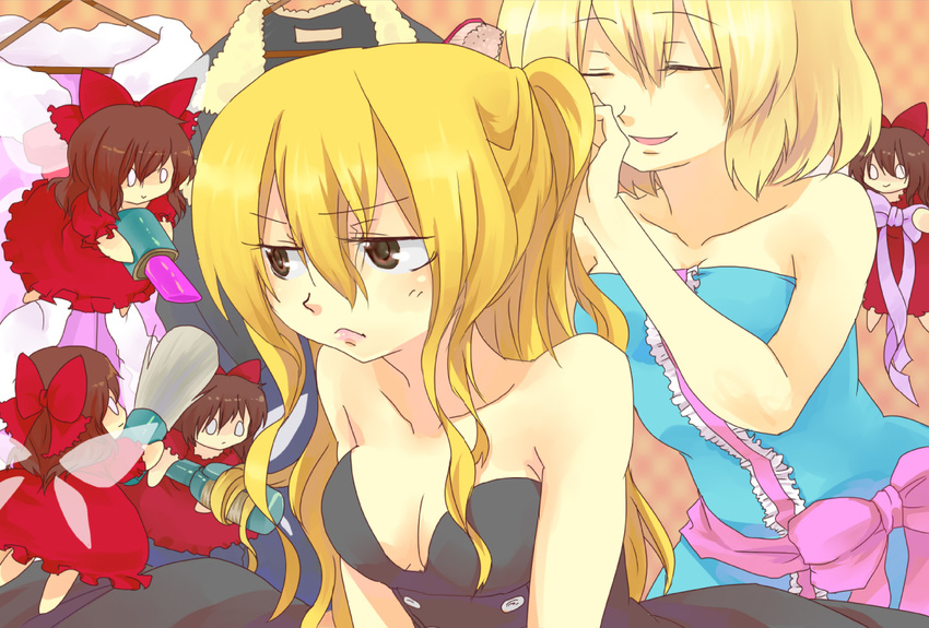 alice_margatroid bad_id bad_pixiv_id blonde_hair breasts cleavage doll kirisame_marisa large_breasts lipstick long_hair makeup multiple_girls short_hair touhou wings yellow_eyes zanunoneko