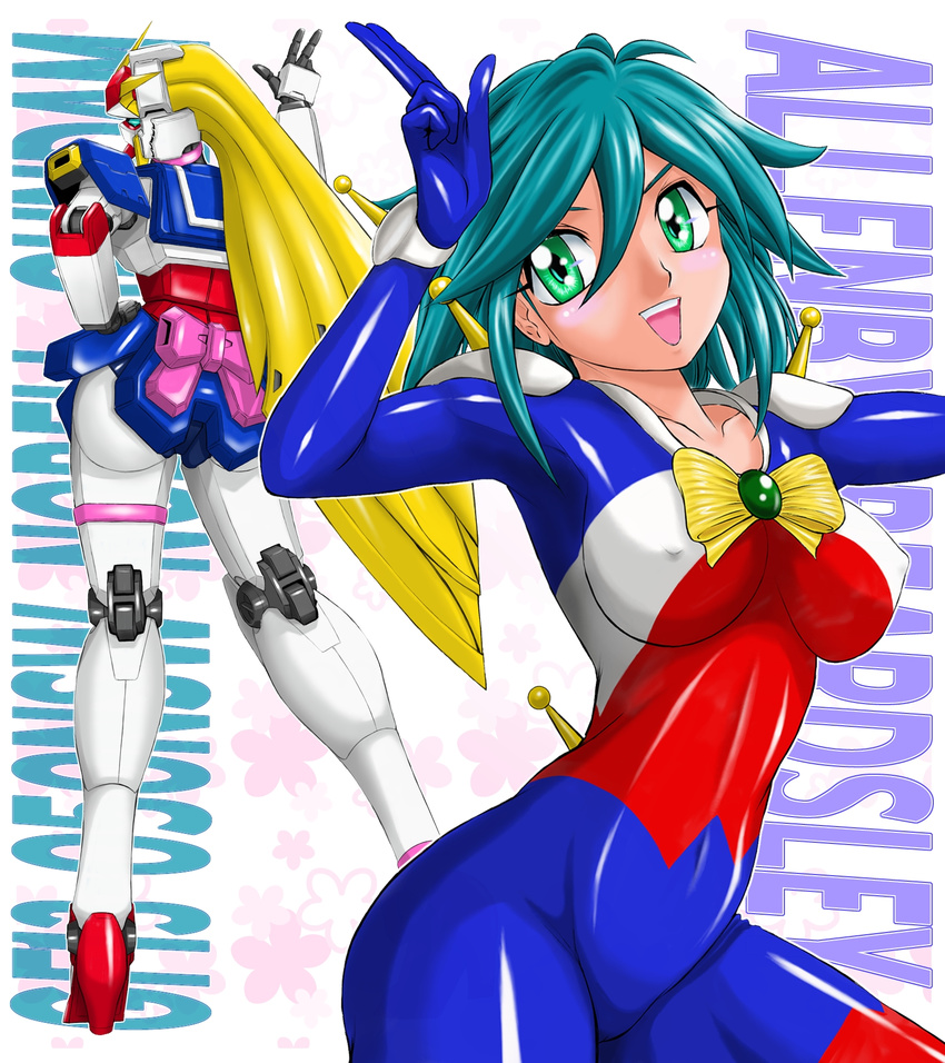 allenby_beardsley ass blue_bodysuit blue_hair bodysuit bow breasts covered_nipples g_gundam green_eyes gundam highres large_breasts mecha mobile_trace_suit multicolored multicolored_bodysuit multicolored_clothes nobel_gundam red_bodysuit solo wolfpack yellow_bow