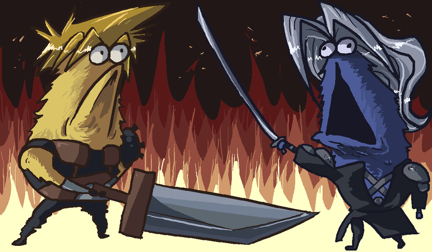 armor blonde_hair buster_sword cloud_strife crossover final_fantasy final_fantasy_vii fire fusion katana male_focus masamune no_humans open_mouth parody sephiroth sesame_street sword vintagelyconstructed weapon what yip-yip_alien