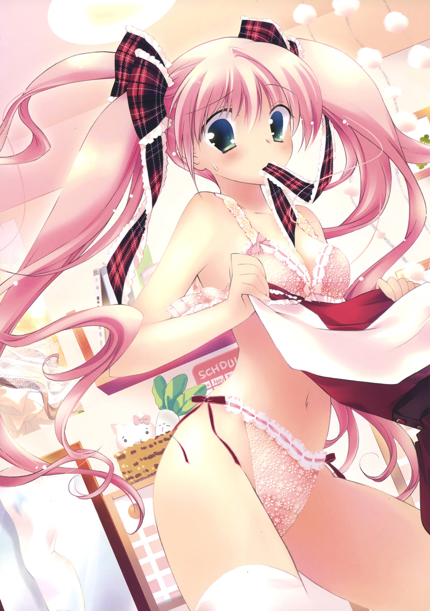 absurdres blue_eyes blush bra copyright_request green_eyes hair_ribbon highres lace lace-trimmed_panties lingerie long_hair navel non-web_source panties petite pink_hair rei_(rei's_room) ribbon side-tie_panties solo thighhighs twintails underwear underwear_only white_legwear