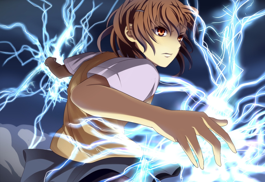 biribiri brown_eyes brown_hair electricity hair_ornament hairclip misaka_mikoto mokichi_ex school_uniform serious skirt solo sweater_vest to_aru_kagaku_no_railgun to_aru_majutsu_no_index