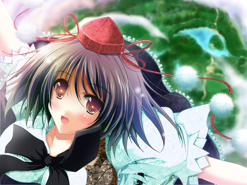 blush brown_hair hat highres looking_at_viewer open_mouth red_eyes reiha_(penetrate) shameimaru_aya short_hair solo tokin_hat touhou