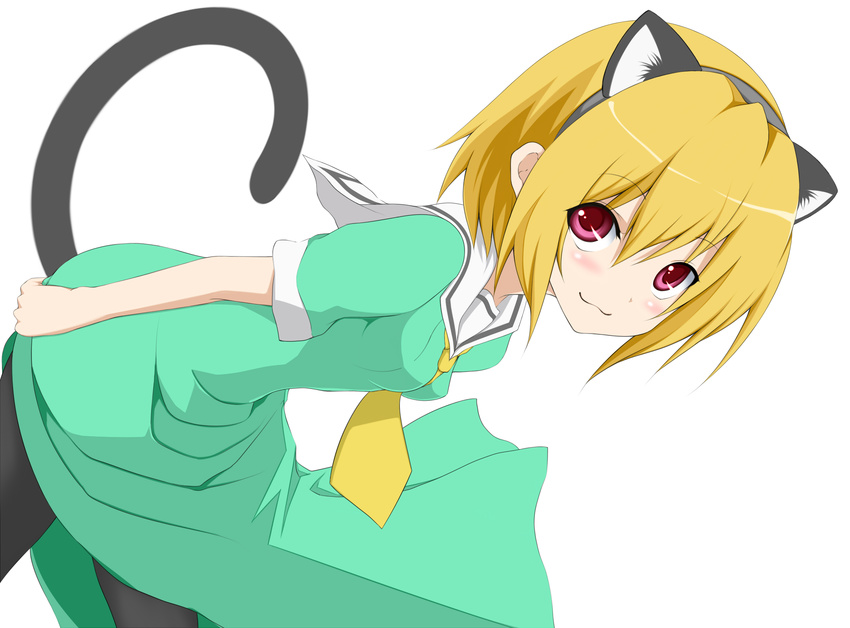 :3 animal_ears blonde_hair cat_ears cat_tail dress hairband highres higurashi_no_naku_koro_ni houjou_satoko nemu_(nebusokugimi) pantyhose red_eyes sailor_dress short_hair solo tail