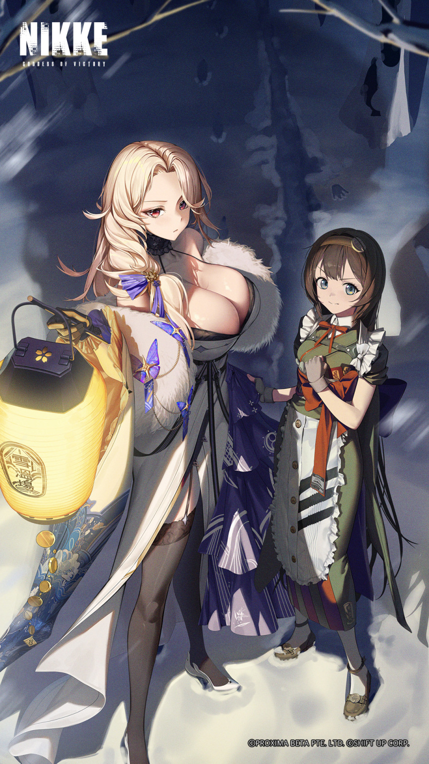 2girls apron artist_request black_thighhighs blonde_hair breasts brown_eyes brown_hair brown_hairband cleavage closed_mouth cropped dress forehead frown full_body garter_straps goddess_of_victory:_nikke grey_eyes hairband highres holding holding_lantern lantern large_breasts long_hair ludmilla_(winter_owner)_(nikke) mica_(snow_buddy)_(nikke) multiple_girls official_art red_ribbon ribbon second-party_source short_sleeves snow standing thighhighs very_long_hair watermark white_apron white_dress