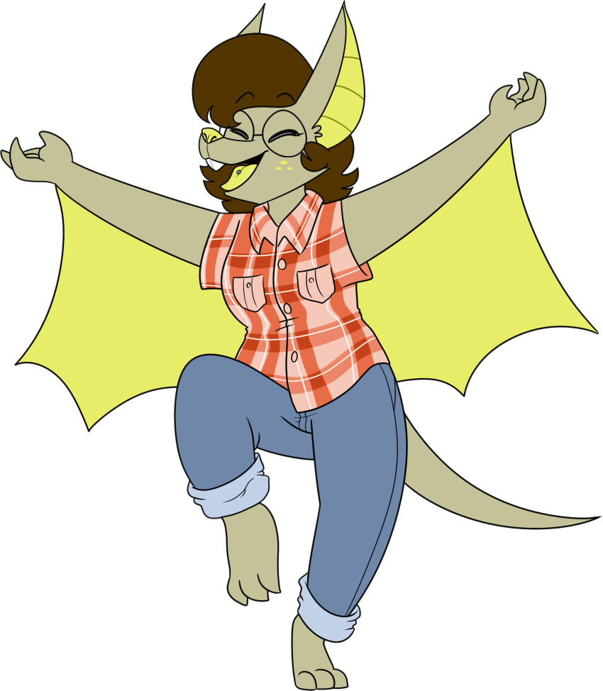 2019 3_toes 4_fingers absurd_res anthro barefoot bat bat_ears bat_wings big_ears biped black_eyebrows black_eyelashes black_mouth blue_bottomwear blue_clothing blue_jeans blue_pants bottomwear breasts brown_hair buckteeth button_(fastener) chokovit_(artist) clothed clothed_anthro clothed_female clothing colored denim denim_bottomwear denim_clothing digital_drawing_(artwork) digital_media_(artwork) dress_shirt english_text eyebrow_through_hair eyebrows eyelashes feet female female_anthro fingers flannel flannel_shirt freckles front_view full-length_portrait fur furgonomic_bottomwear furgonomics hair happy hi_res jeans mammal megabat melodie_plantain membrane_(anatomy) membranous_wings on_one_leg open_mouth open_smile pants pattern_clothing pattern_shirt pattern_topwear piercing plaid plaid_clothing plaid_shirt plaid_topwear portrait prick_ears red_clothing red_shirt red_topwear shirt simple_background smile solo standing tail tan_body tan_ears tan_fur tan_tail teeth text toes tongue tongue_piercing topwear translucent translucent_hair white_background winged_arms wings yellow_freckles yellow_inner_ear yellow_membrane yellow_nose yellow_tongue