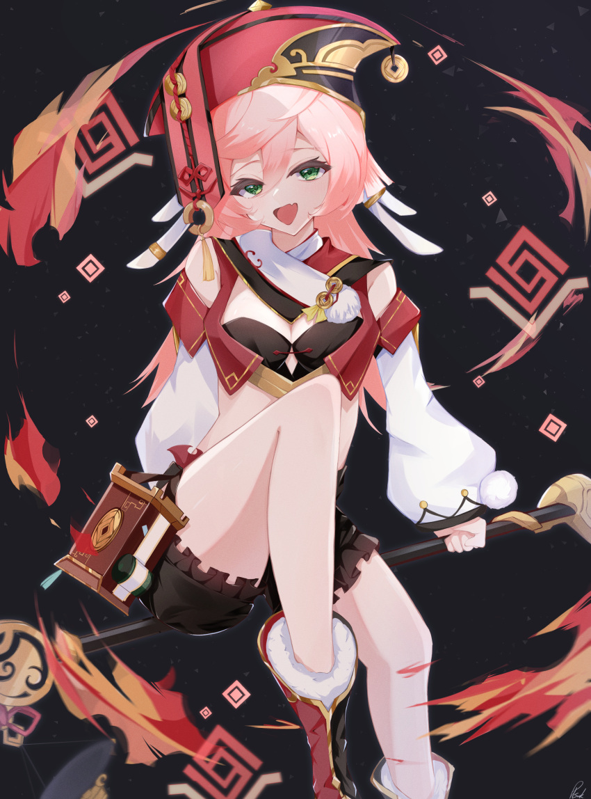 1girl absurdres antlers black_background black_bloomers black_bra bloomers boots bra breasts coin_hat_ornament crop_top detached_sleeves fang fire genshin_impact green_eyes hair_between_eyes half-closed_eyes highres holding holding_staff knee_up looking_at_viewer open_mouth pink_hair pisuke_(user_kcmh2774) pyro_symbol_(genshin_impact) red_headwear signature sitting sitting_on_object skin_fang small_breasts smile staff two-tone_footwear underwear white_sleeves yanfei_(genshin_impact)