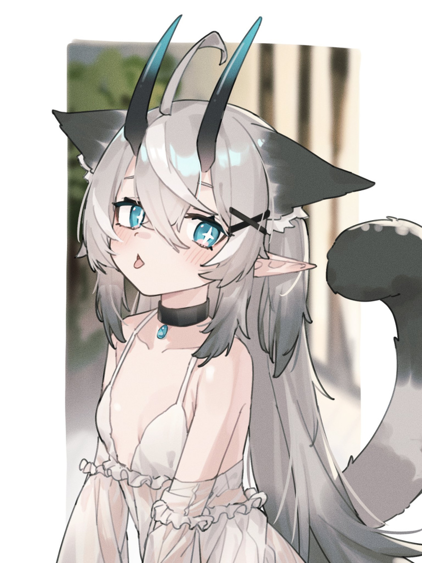1girl ahoge animal_ears bare_shoulders black_choker blue_eyes blurry blurry_background blush breasts cat_ears choker collarbone detached_sleeves dress grey_hair hair_between_eyes hair_ornament highres horns long_hair looking_at_viewer mosou_keito multicolored_hair open_mouth original pointy_ears see-through small_breasts solo tail tongue tongue_out upper_body white_dress x_hair_ornament