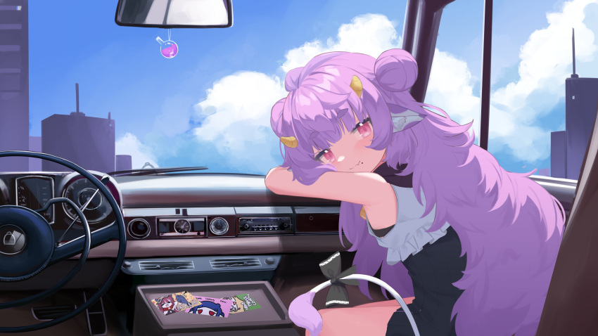 1girl absurdres animal_ear_fluff animal_ears black_bow black_dress blonde_hair blue_hair bow building car_interior cloud cow_ears cow_girl cow_horns cow_tail crop_top dizzy_dokuro double_bun dress fish hair_bun highres horns klaius mole mole_under_mouth multicolored_hair muu_muyu phase_connect pink_eyes purple_hair red_eyes red_hair saya_sairroxs shirt short_eyebrows sky skyscraper streaked_hair tail tail_bow tail_ornament virtual_youtuber white_hair white_shirt