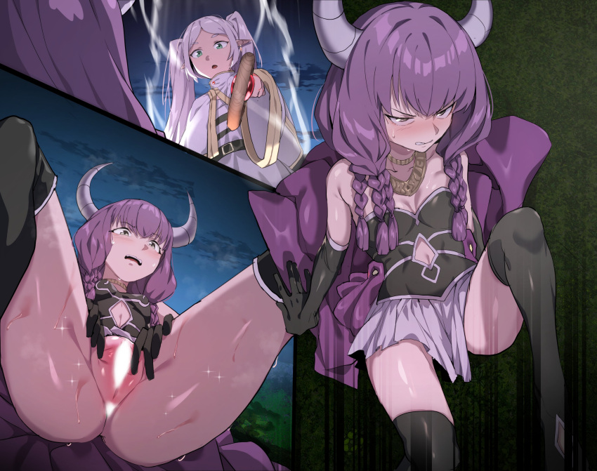 2girls absurdres aura_(sousou_no_frieren) black_thighhighs blank_censor braid breasts censored commentary_request defeat demon_girl demon_horns dodok_(gj77230) earrings elf frieren green_eyes highres holding holding_staff horns jewelry korean_text mage_staff multiple_girls night night_sky outdoors pointy_ears purple_hair pussy sitting sky sousou_no_frieren staff sweat textless_version thighhighs white_hair yuri