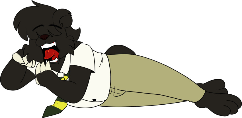 2020 3_toes 4_fingers absurd_res alpha_channel anthro arm_support bear biped black_body black_ears black_eyebrows black_fur black_hair black_mouth black_nose black_tail bottomwear button_(fastener) chokovit_(artist) chubby_anthro chubby_male clothed clothed_anthro clothed_female clothing colored covered_eyes covering covering_mouth dialogue_in_description digital_drawing_(artwork) digital_media_(artwork) dress_shirt english_description eyebrow_through_hair eyebrows eyes_obscured fangs feet female_anthro fingerless_(marking) fingers front_view full-length_portrait fur fur_tuft hair hair_over_eyes harvey_elliott hi_res lazy lying male mammal markings necktie on_side open_mouth pants pattern_necktie portrait red_tongue round_ears school_uniform shirt simple_background slightly_chubby solo striped_necktie stripes tail tan_bottomwear tan_clothing tan_pants teenager teeth teetn toes tongue topwear translucent translucent_hair transparent_background tuft uniform white_background white_clothing white_dress_shirt white_fingers white_markings white_shirt white_topwear yawn young