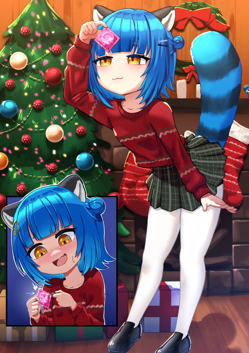 1girl :3 absurdres animal_ears arched_bangs black_footwear black_skirt blue_hair blush breasts christmas_tree closed_mouth collarbone commentary condom condom_wrapper double_bun fang hair_bun hair_ornament hairclip highres holding holding_condom idol_corp indoors leaning_forward miniskirt multiple_views nose_blush open_mouth orange_eyes pantyhose plaid plaid_skirt poko_rakun raccoon_ears raccoon_girl raccoon_tail red_sweater sabotaged_condom shoes short_hair skirt small_breasts standing sweater symbol-only_commentary tail white_pantyhose yuzun404