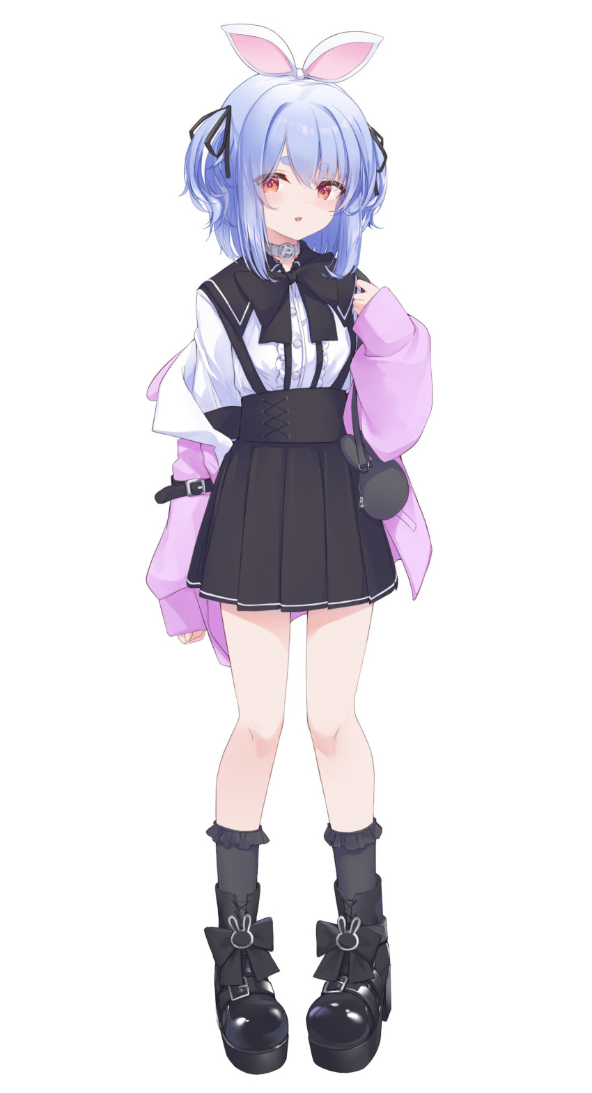 1girl absurdres alternate_costume animal_ears arm_at_side bag black_bow black_bowtie black_ribbon black_skirt black_socks blue_hair bobby_socks boots bow bowtie breasts footwear_bow frilled_socks frills full_body hand_up handbag head_rest high-waist_skirt high_heel_boots high_heels highres hololive jacket jirai_kei knees_together_feet_apart miniskirt official_alternate_hair_length official_alternate_hairstyle one_side_up pink_jacket platform_boots platform_footwear platform_heels pleated_skirt rabbit-shaped_pupils rabbit_ears red_eyes ribbon shirt shiunnkaku short_eyebrows simple_background skirt sleeve_garter sleeves_past_wrists small_breasts socks solo suspender_skirt suspenders symbol-shaped_pupils thick_eyebrows tied_ears two_side_up usada_pekora virtual_youtuber white_background white_shirt