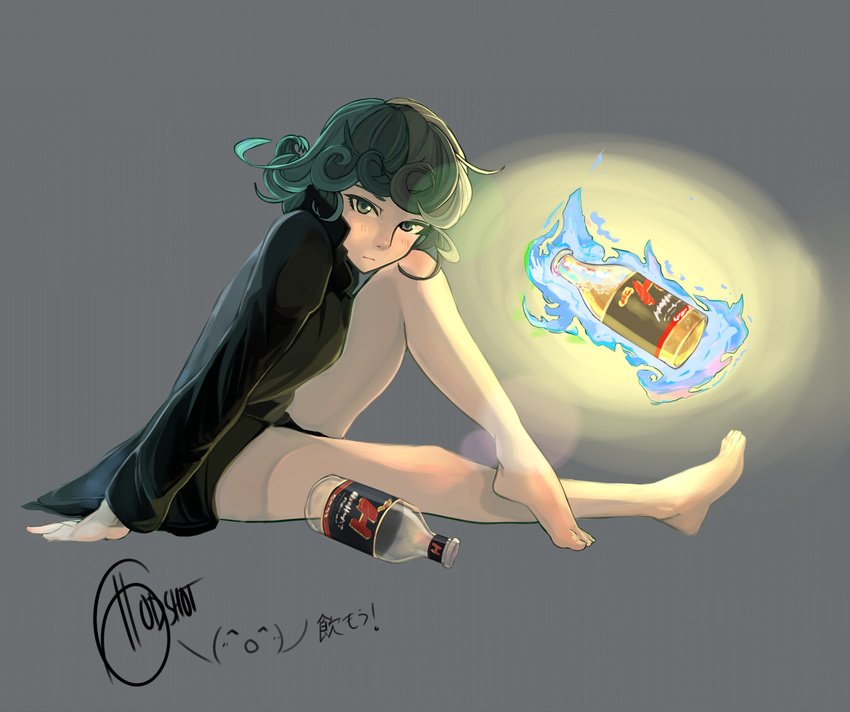\(^o^)/ barefoot black_dress blue_fire blush bottle crossed_legs curly_hair dress fire floating floating_object full_body godsh0t green_eyes green_hair grey_background highres leg_lift looking_at_viewer magic one-punch_man short_hair signature simple_background sitting solo tatsumaki toes