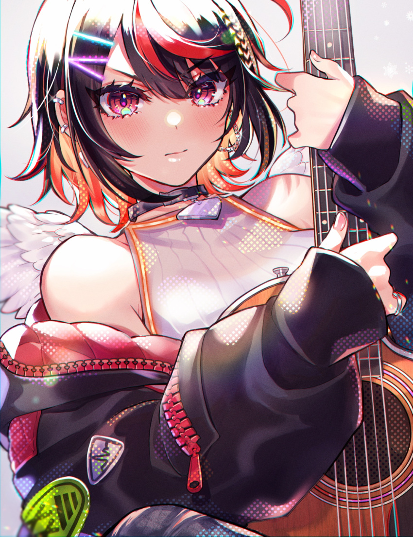 bare_shoulders ben-day_dots black_hair black_jacket blush closed_mouth earrings guitar hair_ornament hairclip heart_collar highres holding holding_guitar holding_instrument instrument jacket jewelry live_a_hero looking_at_viewer manami_(fearfac666) medium_hair multicolored_hair official_alternate_costume oversized_clothes red_eyes red_hair screentones sensettia_(live_a_hero) shirt two-tone_hair upper_body white_shirt white_wings wings zipper