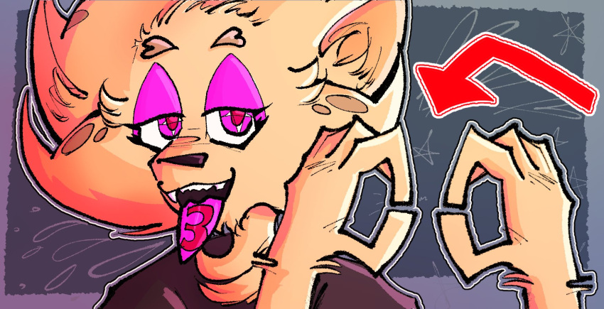 ambiguous_gender anthro bluddly bluddly_(character) canid canine fox fur hi_res mammal number_on_body pink_eyes red_arrow solo tan_body tan_fur tongue tongue_out