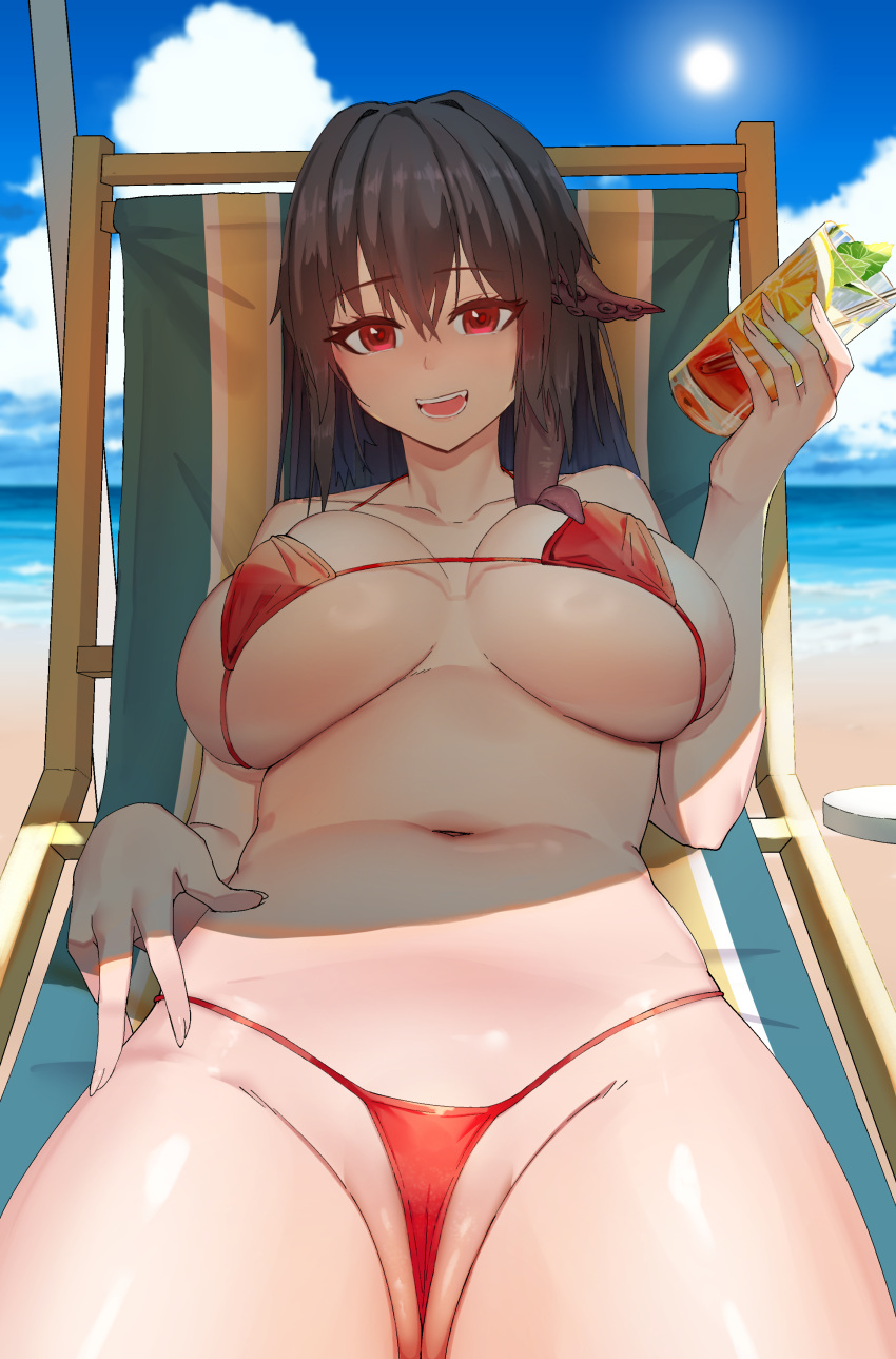 1girl absurdres azur_lane bare_shoulders beach beach_chair bikini black_hair blue_sky breasts cloud cloudy_sky collarbone cup drinking_glass drinking_straw food fruit groin hair_between_eyes hand_up highres holding holding_cup large_breasts lemon lemon_slice lying navel ocean official_alternate_costume on_back open_mouth outdoors pi_pi red_bikini red_eyes royal_fortune_(azur_lane) royal_fortune_(eyes_on_the_prize)_(azur_lane) sand shade sky smile solo stomach suction_cups sun swimsuit tentacle_hair tentacles water