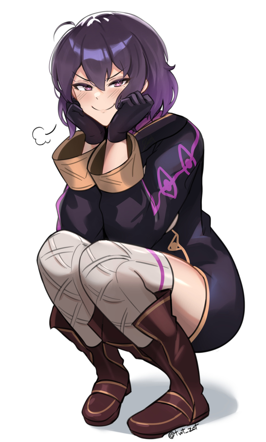 &gt;:) 1girl black_gloves boots brown_footwear coat fire_emblem fire_emblem_awakening full_body gloves head_on_hand highres looking_at_viewer morgan_(female)_(fire_emblem) morgan_(fire_emblem) puff_of_air purple_coat purple_eyes purple_hair short_hair smile solo squatting thighhighs thighs v-shaped_eyebrows white_background zet_(twt_zet)